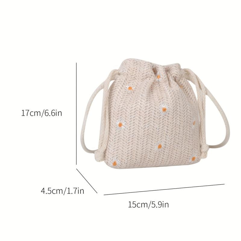 Boho Daisy Embroidery Straw Crossbody Bag Drawstring Bucket Bag