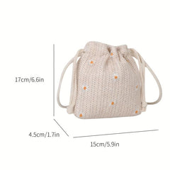 Boho Daisy Embroidery Straw Crossbody Bag Drawstring Bucket Bag