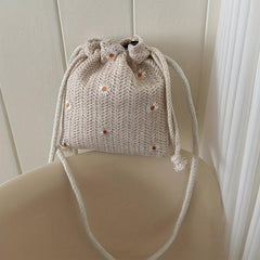Boho Daisy Embroidery Straw Crossbody Bag Drawstring Bucket Bag