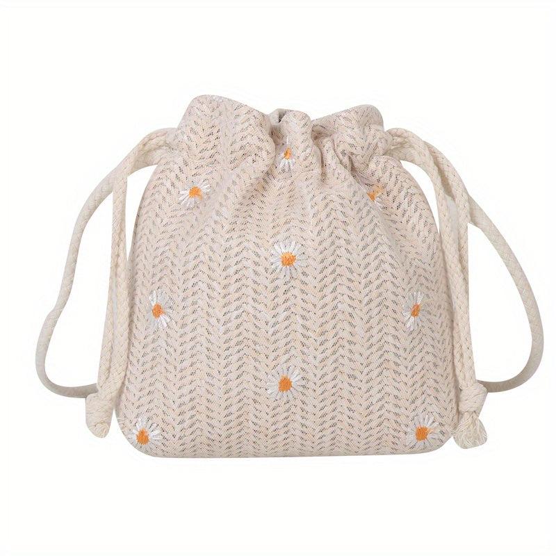 Boho Daisy Embroidery Straw Crossbody Bag Drawstring Bucket Bag