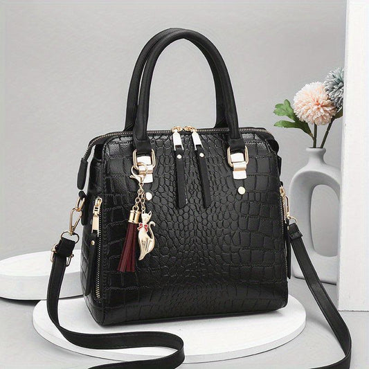 Crocodile Pattern Top Handle Crossbody Bag PU Leather Satchel Bag Purse