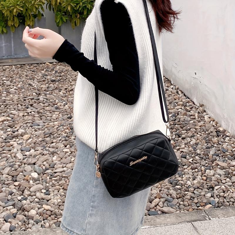 Quilted Square Crossbody Bag PU Leather Purse for Women