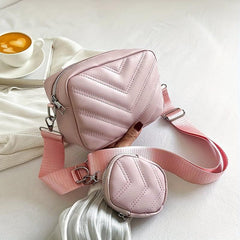 2Pcs Chevron Quilted Bag Set Solid Crossbody Shoulder Coin Purses