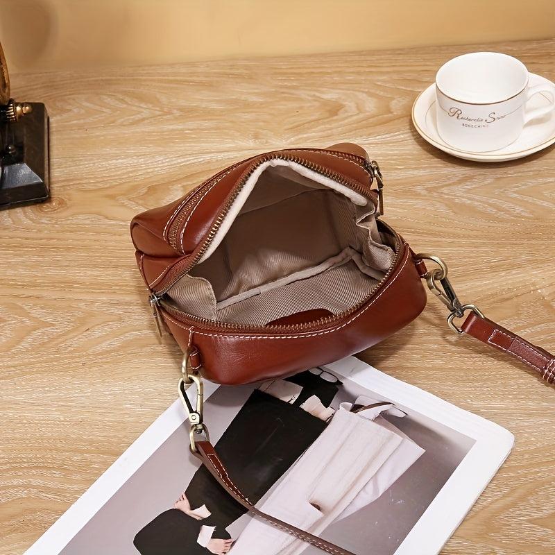 Vintage Leather Crossbody Bag with Pockets, Shoulder Bag for Women