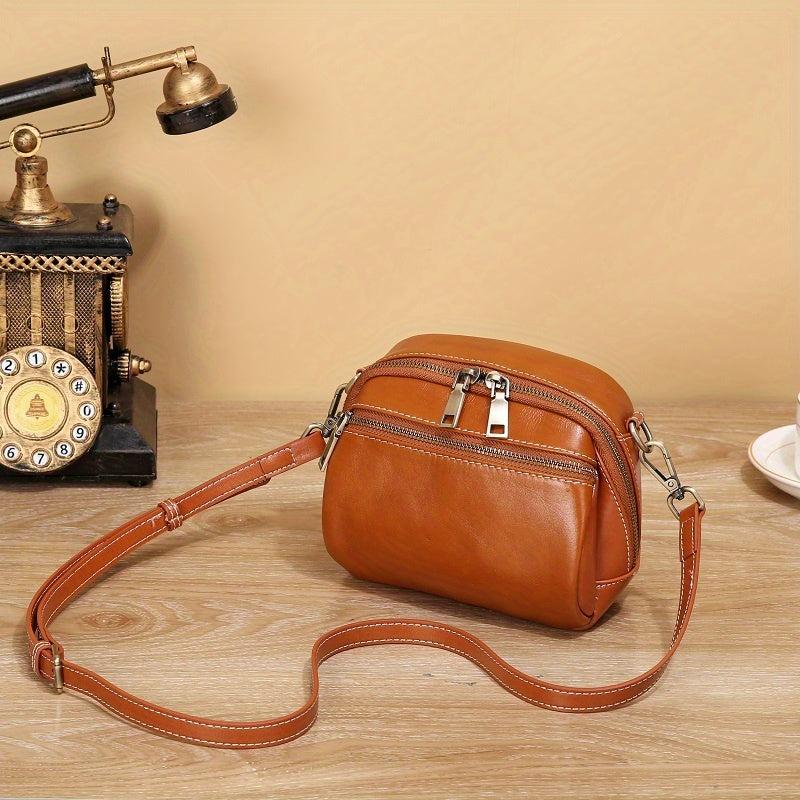 Vintage Leather Crossbody Bag with Pockets, Shoulder Bag for Women
