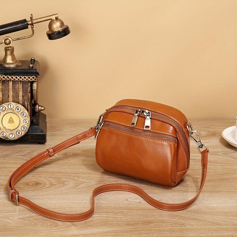 Vintage Leather Crossbody Bag with Pockets, Shoulder Bag for Women