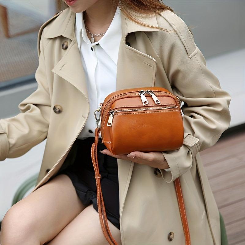 Vintage Leather Crossbody Bag with Pockets, Shoulder Bag for Women