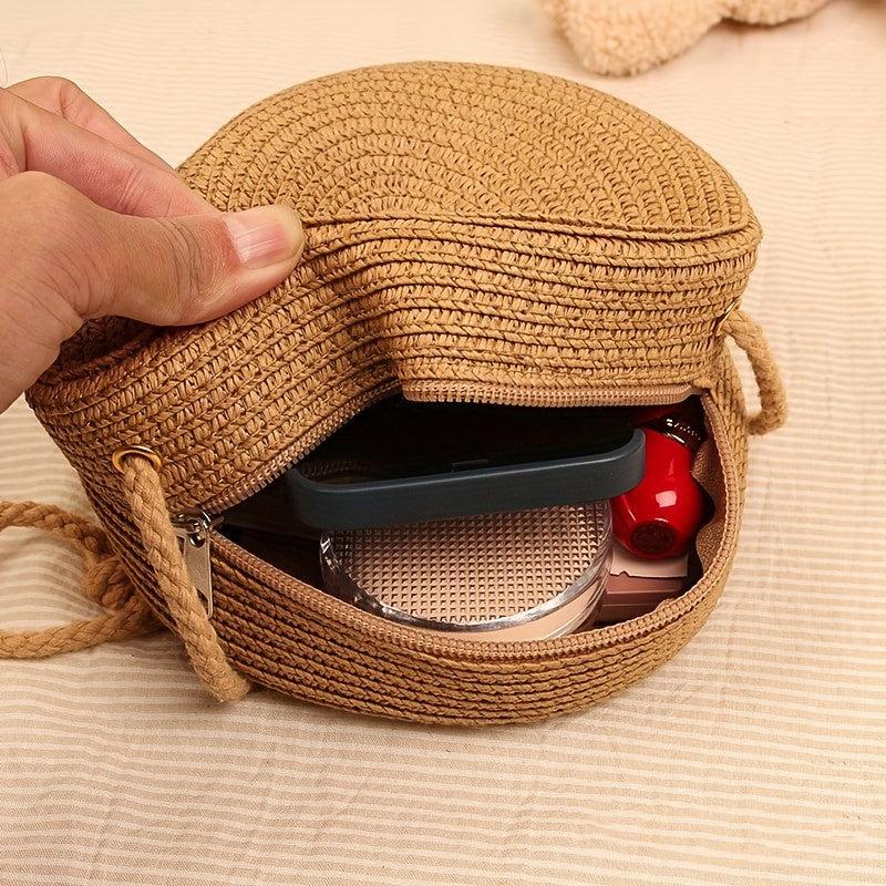 Straw Woven Crossbody Bag Boho Style Beachbag Rattan Braided Circle Purse