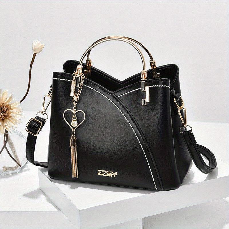Colorblock Tote Bag Classic Shoulder Satchel With Tassel Pendant