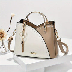 Colorblock Tote Bag Classic Shoulder Satchel With Tassel Pendant