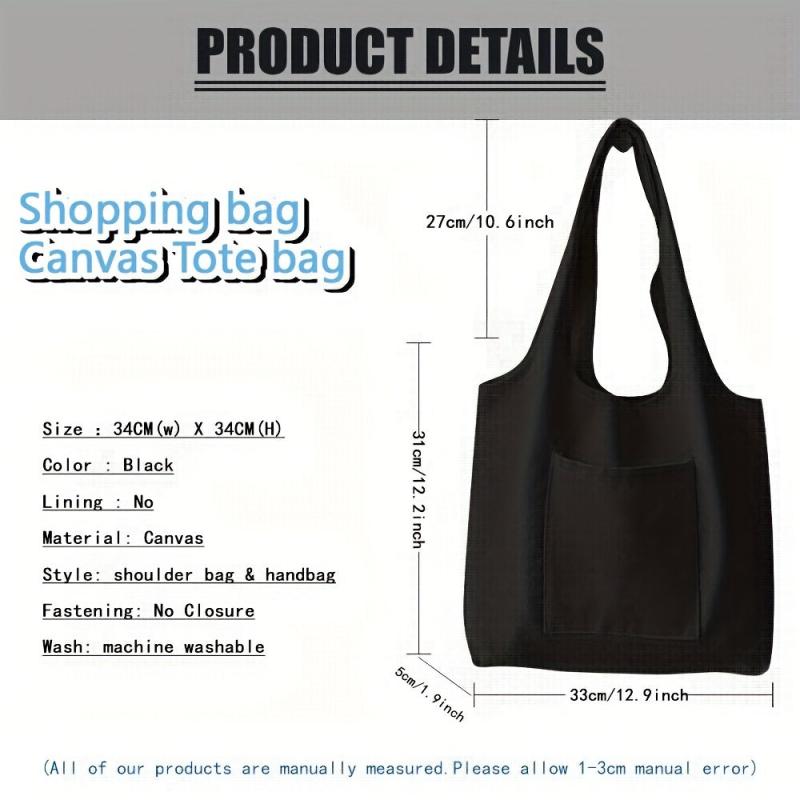 Solid Canvas Tote Bag Large Capacity Shoulder Bag Shopping Bag