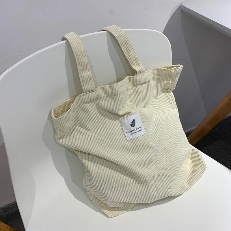 Corduroy Tote Bag Women's Shoulder Bag Letter Patch Decor Handbag
