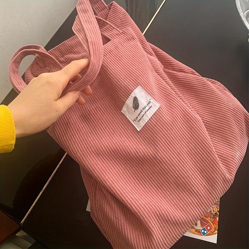 Corduroy Tote Bag Women's Shoulder Bag Letter Patch Decor Handbag