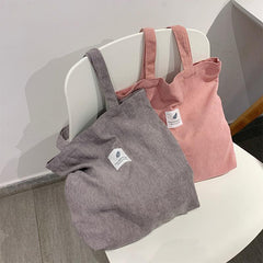 Corduroy Tote Bag Women's Shoulder Bag Letter Patch Decor Handbag