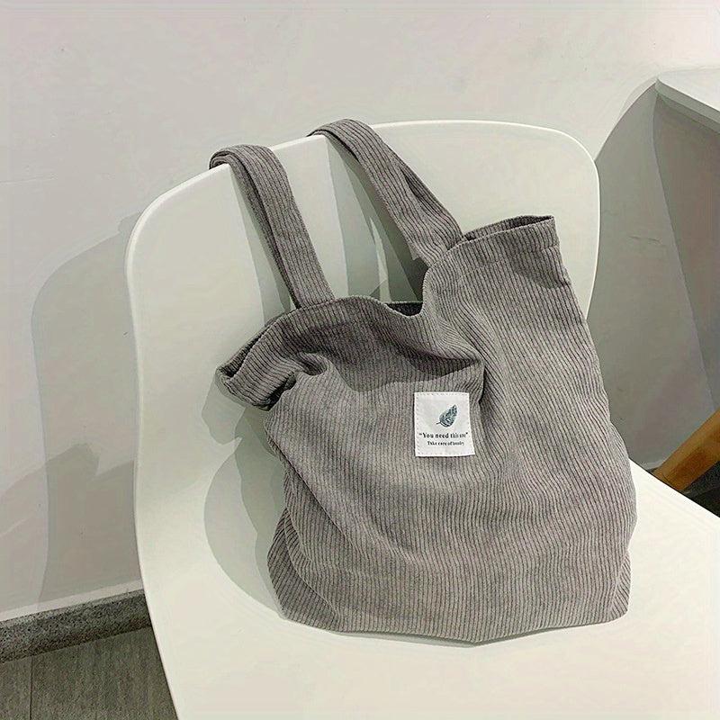 Corduroy Tote Bag Women's Shoulder Bag Letter Patch Decor Handbag