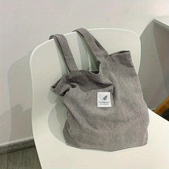 Corduroy Tote Bag Women's Shoulder Bag Letter Patch Decor Handbag