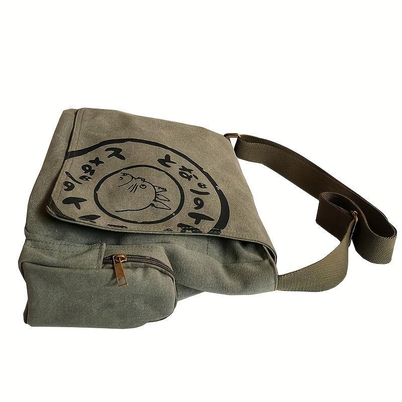Vintage Canvas Messenger Bag Cartoon Print Crossbody Bag For School & Travel