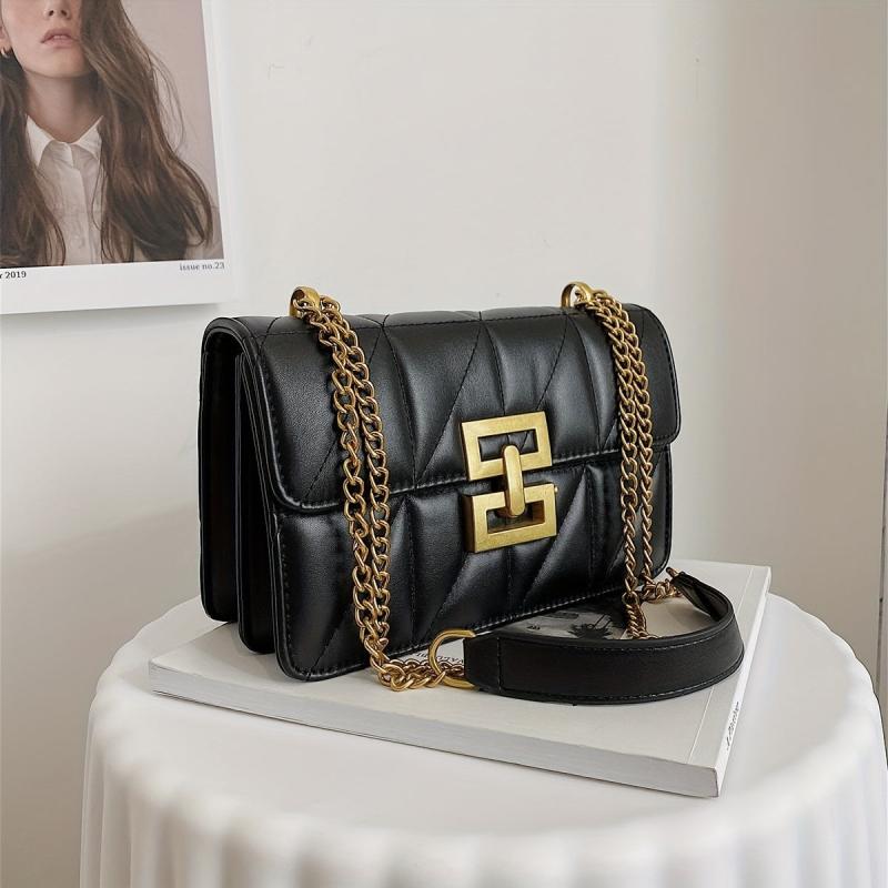 Quilted Flap Crossbody Bag with Metal Lock Chain for Women