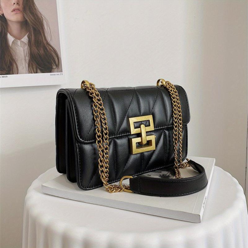 Quilted Flap Crossbody Bag with Metal Lock Chain for Women