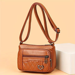 Quilted Detail Crossbody Bag Women's Heart Decor Square Purse Pocket