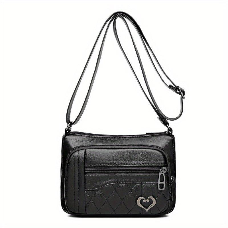 Quilted Detail Crossbody Bag Women's Heart Decor Square Purse Pocket