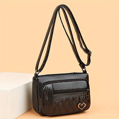 Quilted Detail Crossbody Bag Women's Heart Decor Square Purse Pocket