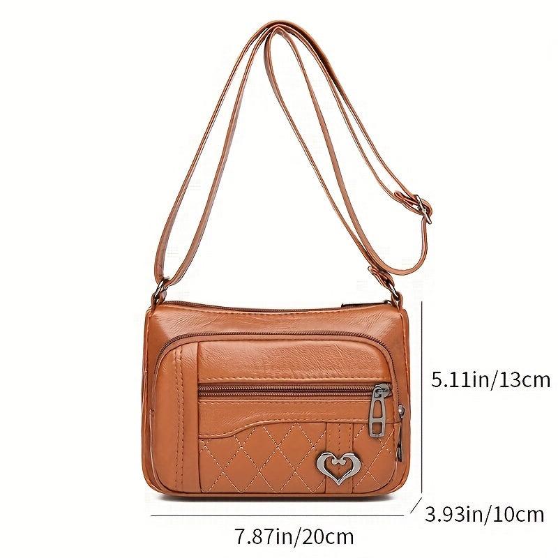 Quilted Detail Crossbody Bag Women's Heart Decor Square Purse Pocket