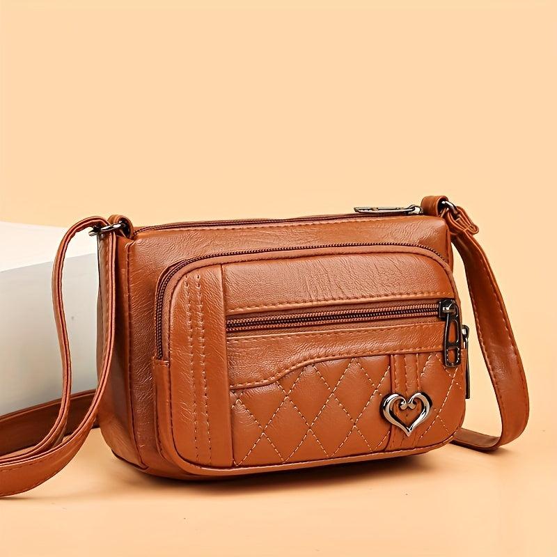 Quilted Detail Crossbody Bag Women's Heart Decor Square Purse Pocket