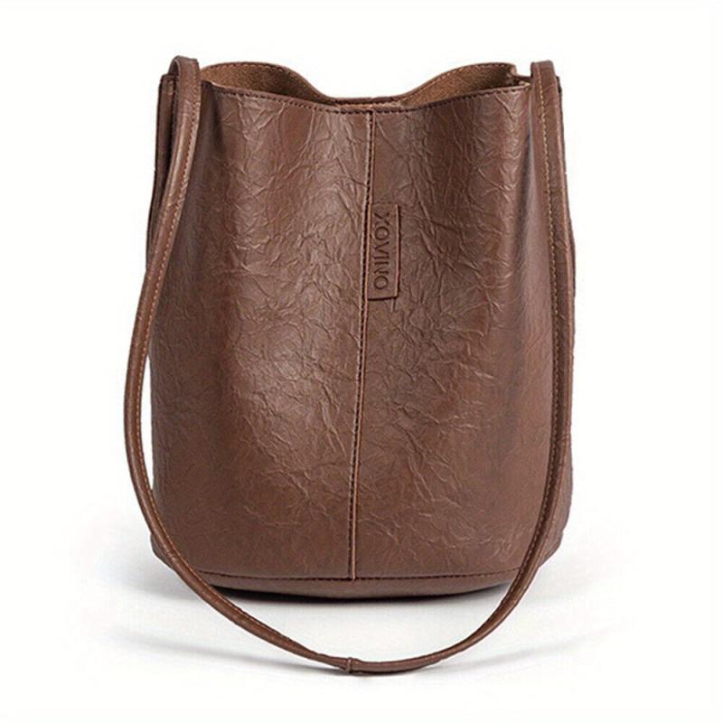 Vintage Bucket Bag For Women Solid Shoulder Bag Stitching Handbags