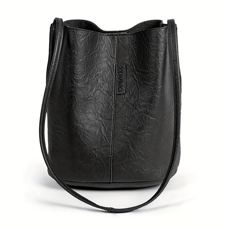 Vintage Bucket Bag For Women Solid Shoulder Bag Stitching Handbags