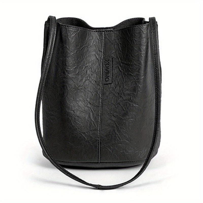 Vintage Bucket Bag For Women Solid Shoulder Bag Stitching Handbags