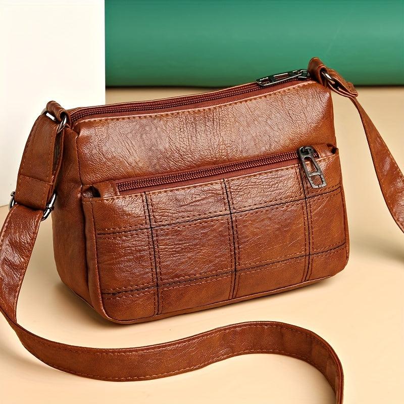 Women's Stitching Crossbody Bag Vintage PU Shoulder Bag Pockets Purse