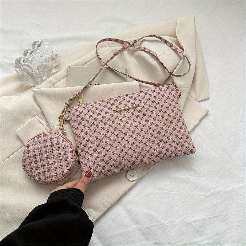 Geometric Print Shoulder Bag with Zipper Closure and Pouch