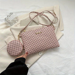 Geometric Print Shoulder Bag with Zipper Closure and Pouch