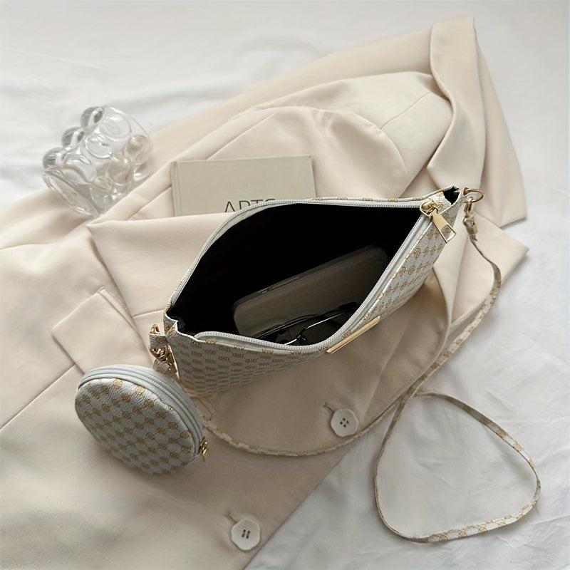 Geometric Print Shoulder Bag with Zipper Closure and Pouch