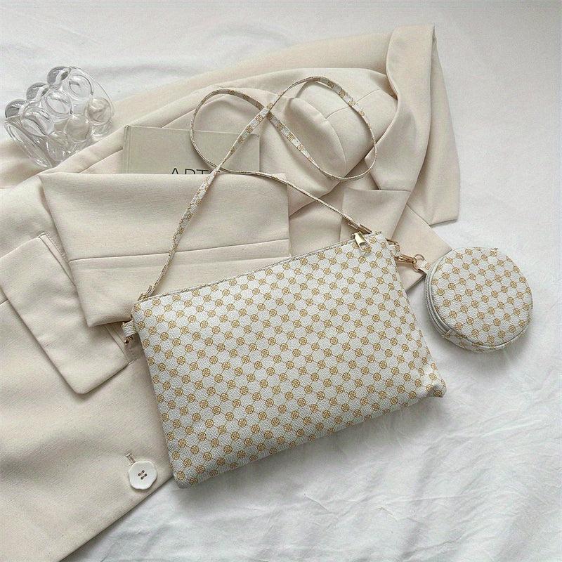 Geometric Print Shoulder Bag with Zipper Closure and Pouch