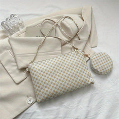 Geometric Print Shoulder Bag with Zipper Closure and Pouch