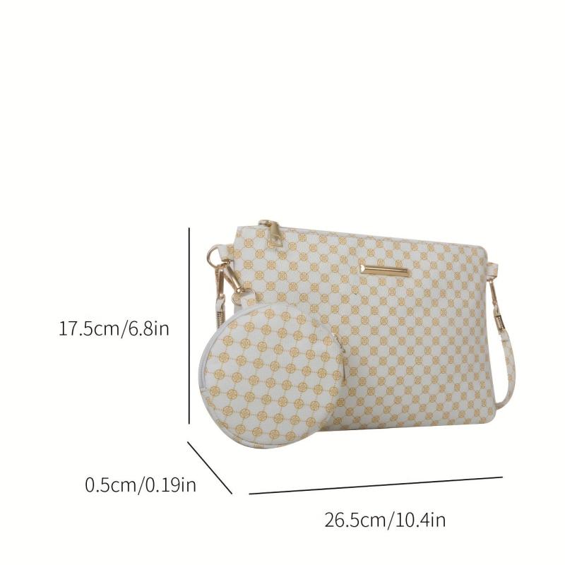 Geometric Print Shoulder Bag with Zipper Closure and Pouch