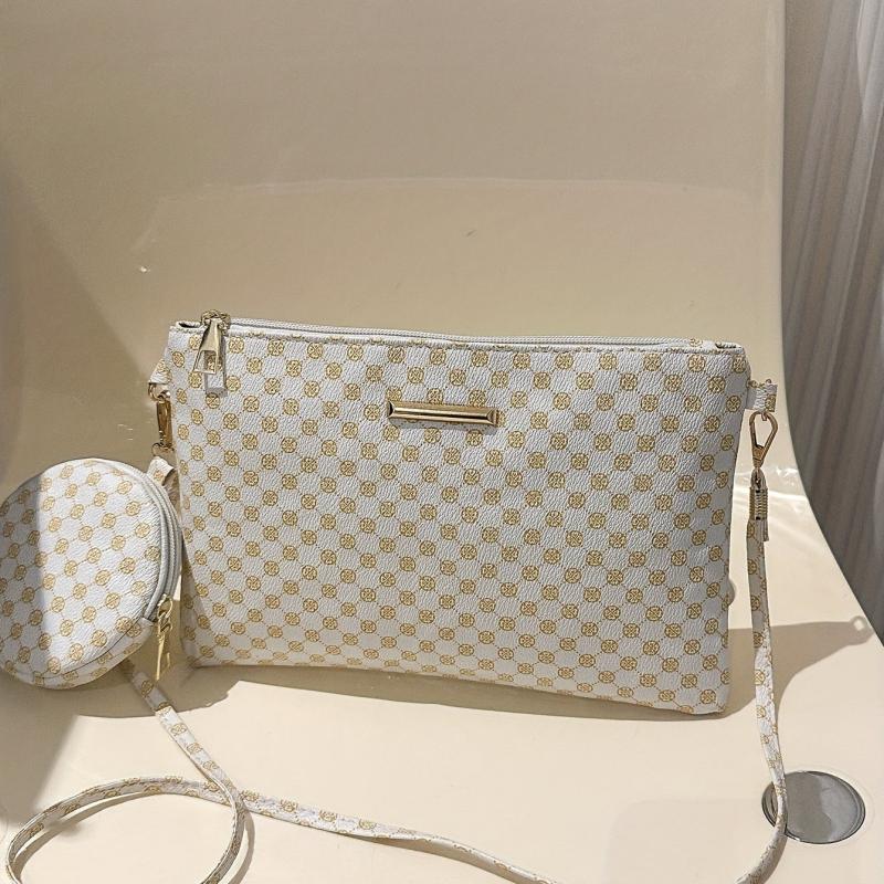 Geometric Print Shoulder Bag with Zipper Closure and Pouch