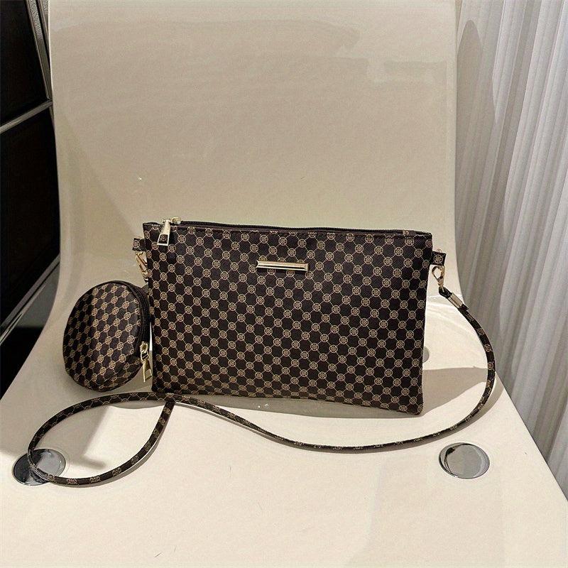 Geometric Print Shoulder Bag with Zipper Closure and Pouch