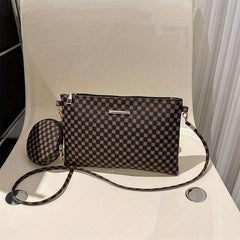 Geometric Print Shoulder Bag with Zipper Closure and Pouch