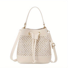 Straw Stitching Bucket Bag Drawstring Satchel Bag Shoulder Bag
