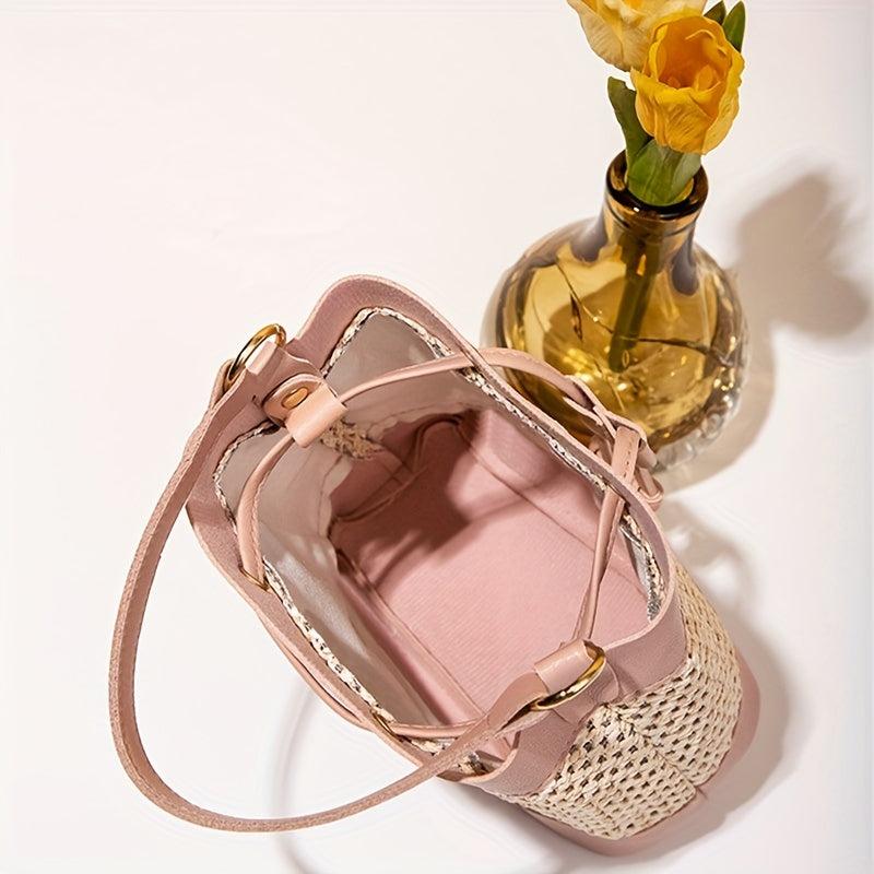 Straw Stitching Bucket Bag Drawstring Satchel Bag Shoulder Bag