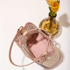 Straw Stitching Bucket Bag Drawstring Satchel Bag Shoulder Bag