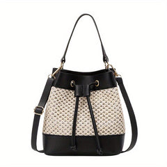 Straw Stitching Bucket Bag Drawstring Satchel Bag Shoulder Bag