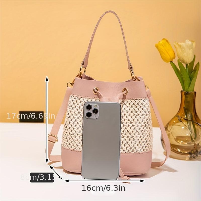 Straw Stitching Bucket Bag Drawstring Satchel Bag Shoulder Bag