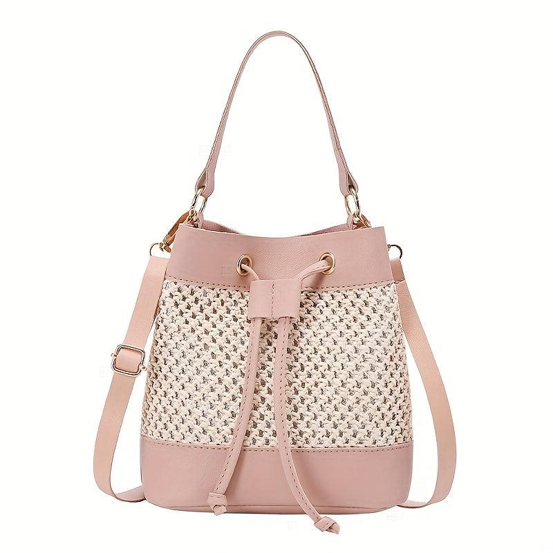 Straw Stitching Bucket Bag Drawstring Satchel Bag Shoulder Bag