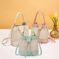 Straw Stitching Bucket Bag Drawstring Satchel Bag Shoulder Bag
