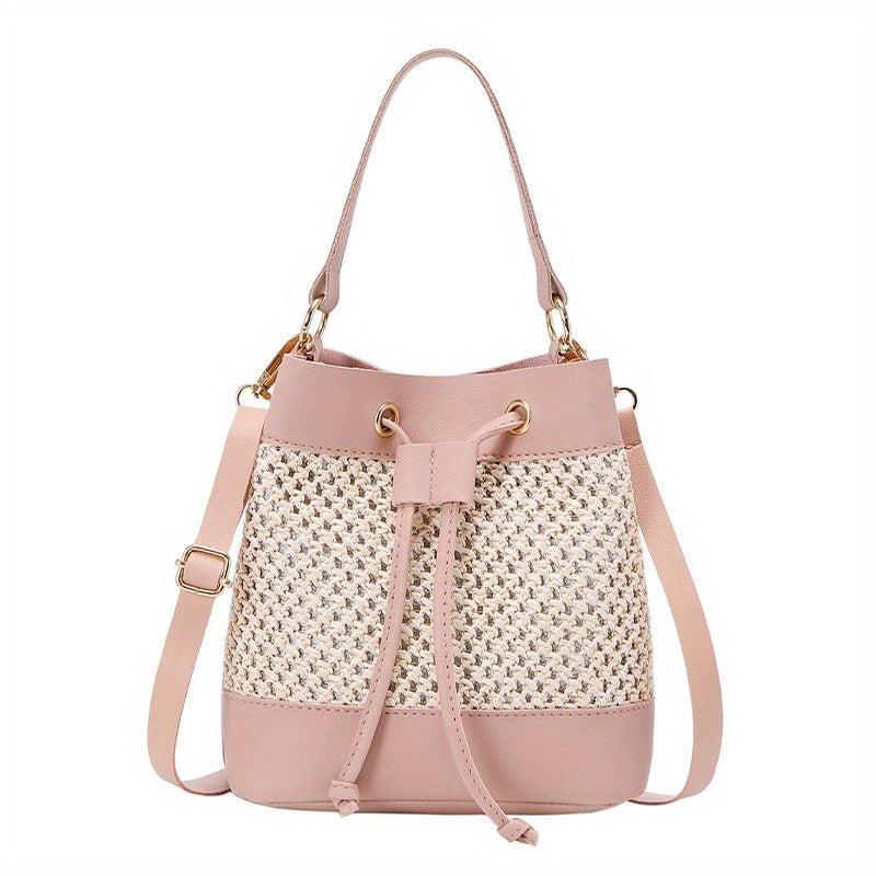 Straw Stitching Bucket Bag Drawstring Satchel Bag Shoulder Bag