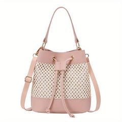 Straw Stitching Bucket Bag Drawstring Satchel Bag Shoulder Bag